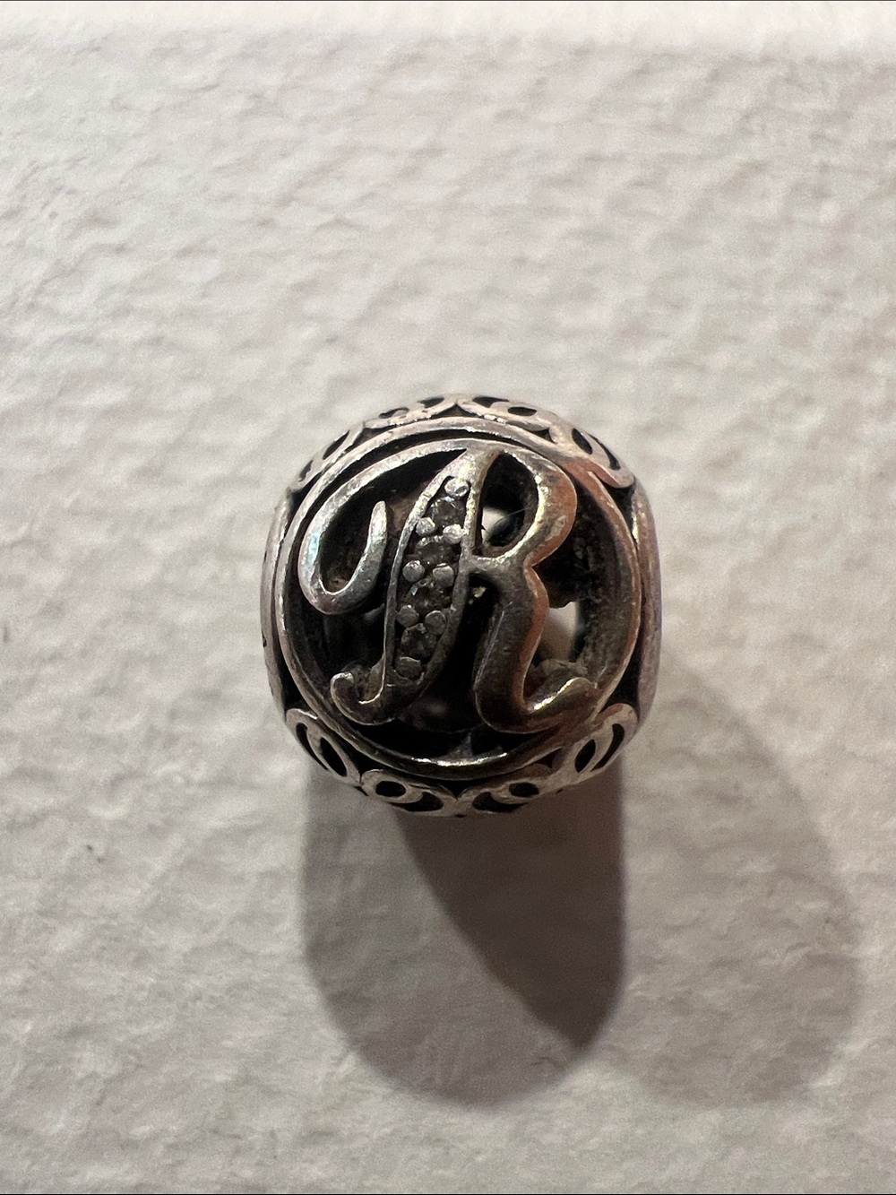 Pandora Sterling Silver 'R' Initial Charm Bead - Antique Finish